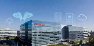 Oracle headquarters building in Redwood Shores with modern cloud and AI infrastructure elements in foreground