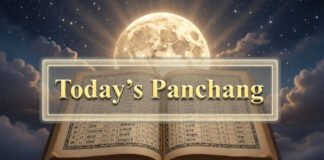 Traditional Hindu Panchang calendar showing dates and astrological timings Title: Daily Panchang Calendar Illustration