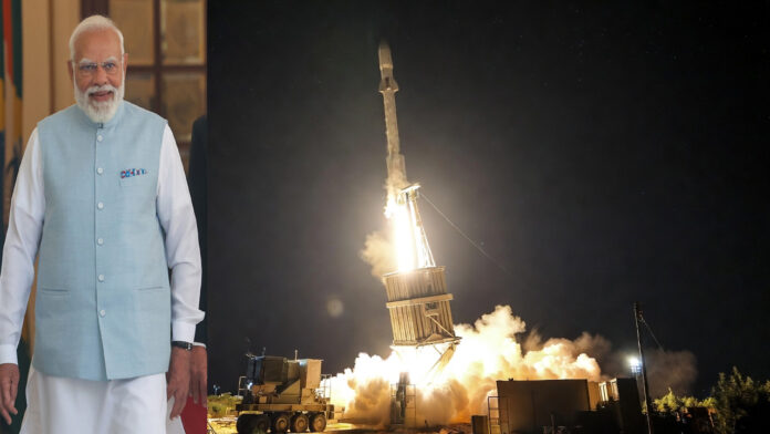 pm-modi-israel-iron-dome-de PM Modi and Iron Dome missile defense system launching interceptor rocket during night operation