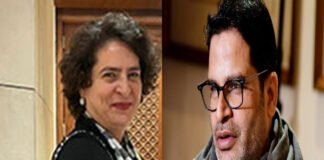 Priyanka Gandhi and Prashant Kishor meeting at a discussion table in New Delhi