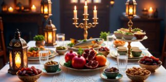 Elegant Ramadan Iftar table with lanterns, dates, and traditional dishes
