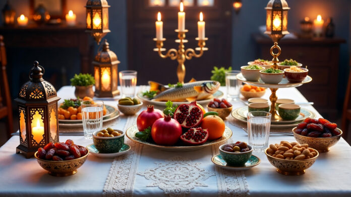 ramadan-iftar-table-decorat Elegant Ramadan Iftar table with lanterns, dates, and traditional dishes