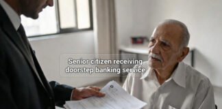 Senior citizen receiving doorstep banking service from bank official at home in India