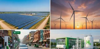 Solar plant, wind turbines, EV charging station, and green hydrogen facility representing India’s renewable energy growth in 2026.