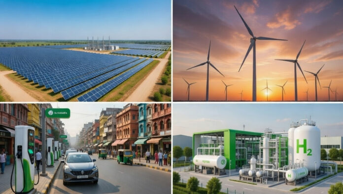 renewable-energy-stocks-202 Solar plant, wind turbines, EV charging station, and green hydrogen facility representing India’s renewable energy growth in 2026.