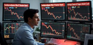 Trader monitoring sharp decline in Indian IT stocks on multiple screens amid SaaSpocalypse headlines