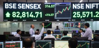 Indian stock market closing green Sensex up 316 points Nifty above 25571 February 20 2026 trading floor