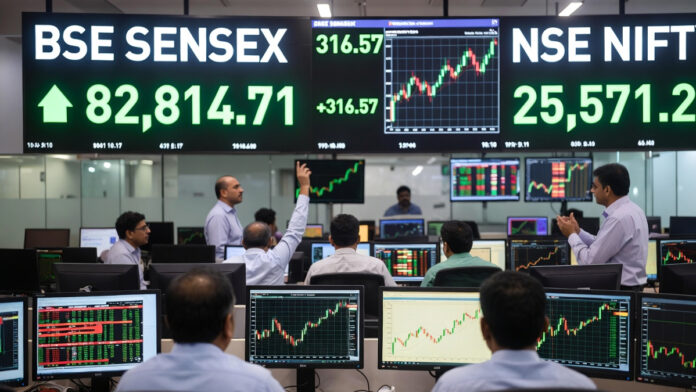 sensex-nifty-green-close-fe Indian stock market closing green Sensex up 316 points Nifty above 25571 February 20 2026 trading floor