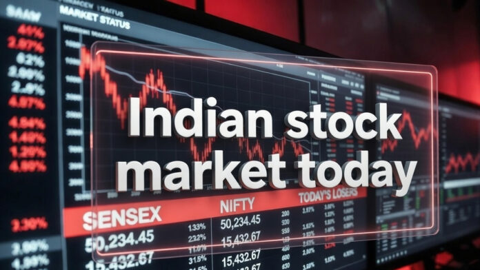 sensex-nifty-market-open-de Indian stock market screen showing declining indices at market open