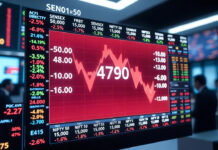 Indian Stock Market Opens Lower: Sensex Falls 700 Points, Nifty Slips Below 25,600 Indian stock market trading screen showing Sensex and Nifty falling sharply at opening bell.