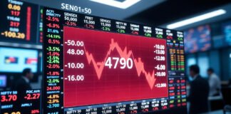 Indian stock market trading screen showing Sensex and Nifty falling sharply at opening bell.