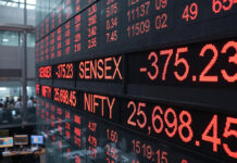 Indian Stock Market Opens in Red: Sensex Drops 375 Points, Nifty Slips Below 25,700 Digital stock market board showing Sensex down 375 points and Nifty below 25,700 at market open in Mumbai