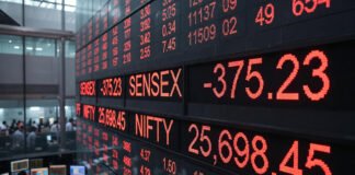 Digital stock market board showing Sensex down 375 points and Nifty below 25,700 at market open in Mumbai