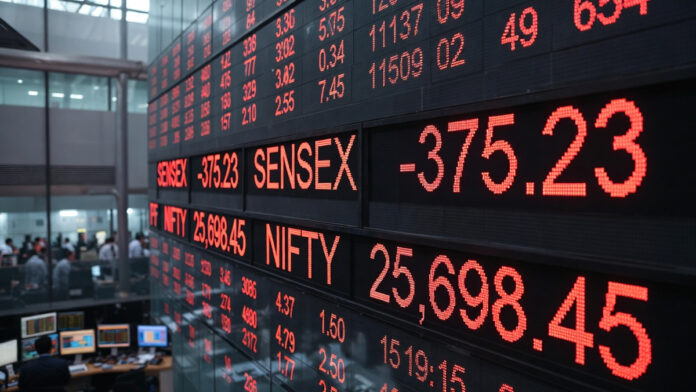 sensex-nifty-market-open-re Digital stock market board showing Sensex down 375 points and Nifty below 25,700 at market open in Mumbai