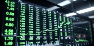 Indian stock market display board showing Sensex and Nifty rising in green