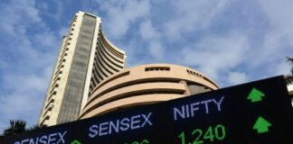 Stock market trading screen showing Sensex and Nifty opening in green