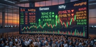 Indian stock market display showing Sensex and Nifty values