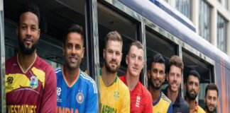 T20 World Cup stadium with Super Eight tournament bracket graphic