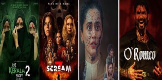 A split-style entertainment collage showing posters or lead actors from The Kerala Story 2, Scream 7, Assi, and O Romeo.