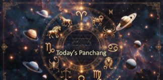 Panchang chart with zodiac symbols and planetary positions