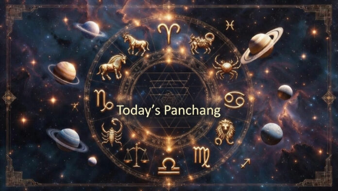 today-panchang-feb-22-2026 Panchang chart with zodiac symbols and planetary positions