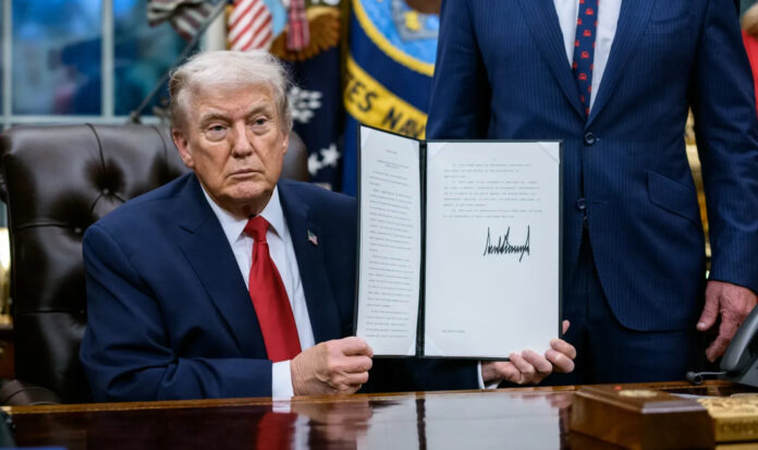 trump-global-tariffs-announ Donald Trump announcing tariff policy during press briefing