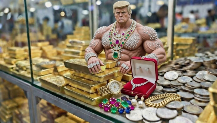 trump-gold-silver-price-sur Donald Trump - Gold bars and silver coins displayed in bullion market amid price surge