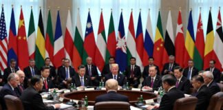 International leaders meeting at global peace conference table