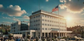 Exterior view of the U.S. Embassy in Jerusalem with security presence, symbolizing heightened alert status.