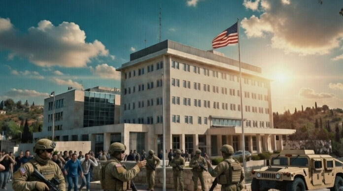 us-embassy-israel-advisory- Exterior view of the U.S. Embassy in Jerusalem with security presence, symbolizing heightened alert status.