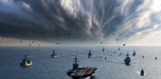 US aircraft carrier and Iranian naval drill illustrating rising tensions