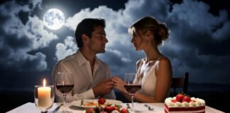 Romantic Valentine’s dinner table with desserts and candlelight