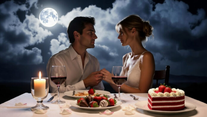 valentines-day-romantic-din Romantic Valentine’s dinner table with desserts and candlelight