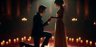 Romantic Valentine’s Day proposal with partner kneeling and holding ring