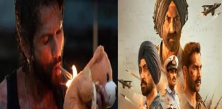 A cinematic collage showing split frames of a romantic couple (for romance films) and a battlefield scene (for war drama), symbolizing contrasting genres at the box office.