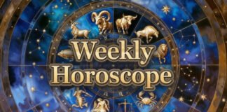 Weekly horoscope zodiac wheel illustration for February 16–22, 2026