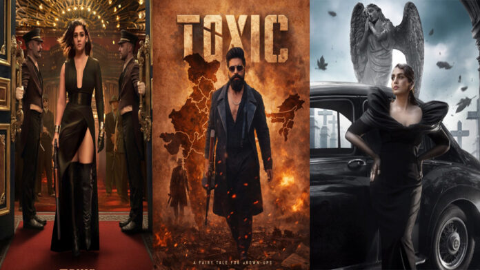 yash-toxic-movie-official-p Yash in stylish suit with leading actresses in official Toxic movie poster highlighting ₹600 crore pre-release deal