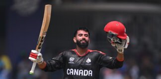 Yuvraj Samra celebrating after scoring century against New Zealand