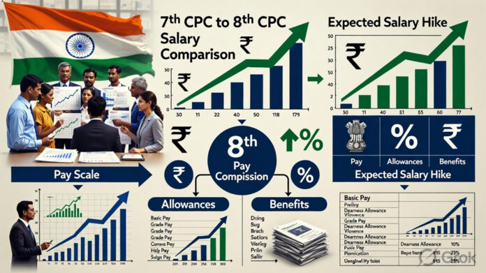 8th-pay-commission-salary-h Central government employees discussing salary hike expectations after 8th Pay Commission update in India.