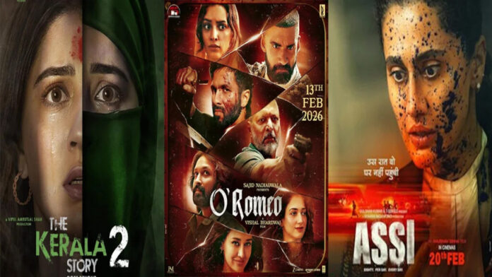 Box-Office-Weekend-Report-– Box office collection display showing The Kerala Story 2 leading Saturday earnings while O Romeo and Assi trail at Indian theaters