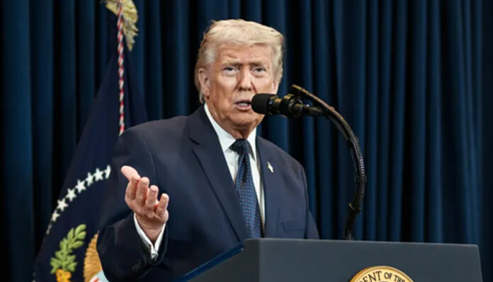 Donald-Trump-Calls-for-Glob Donald Trump speaking about securing the Strait of Hormuz and urging allies to deploy warships