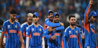 Packed Narendra Modi Stadium during India vs New Zealand ICC final with fans waving Indian flags