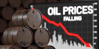 Crude oil prices falling with charts showing sharp decline after geopolitical easing
