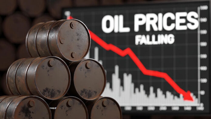 Crude oil prices falling with charts showing sharp decline after geopolitical easing