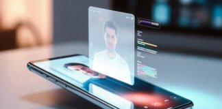 Smartphone projecting holographic 3D video call of a person with AI translation interface