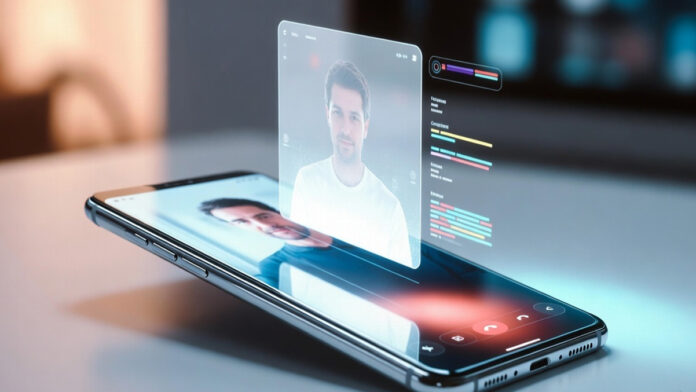 Real-Time-Language-Hologram Smartphone projecting holographic 3D video call of a person with AI translation interface