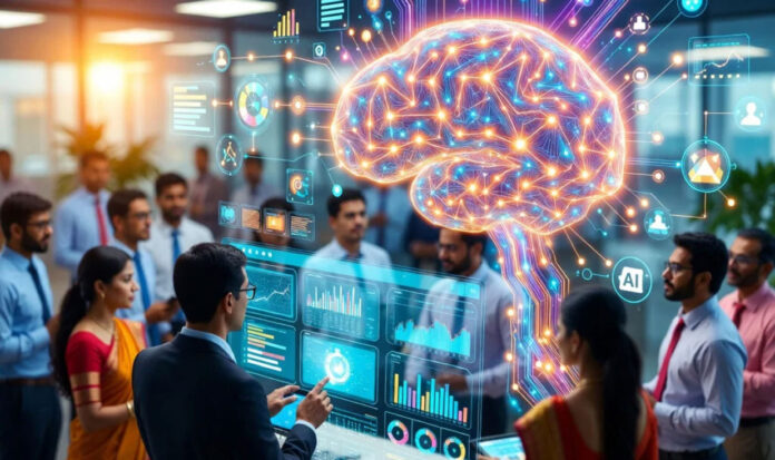 ai-automation-future-jobs-r AI automation replacing traditional jobs with workers learning digital skills in technology environment