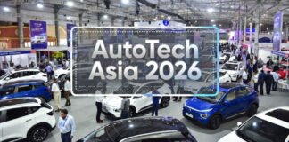 AutoTech Asia 2026 exhibition showcasing electric vehicles and automotive technology at Bharat Mandapam New Delhi