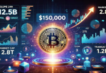 Bitcoin Surges to $150,000 Record High as Global Tensions and Institutional Demand Drive Crypto Rally Bitcoin digital coin with rising price chart showing cryptocurrency hitting record $150,000