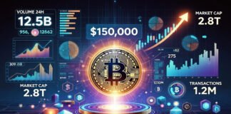 Bitcoin digital coin with rising price chart showing cryptocurrency hitting record $150,000